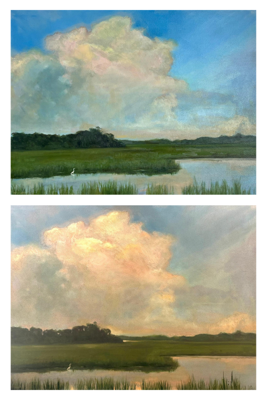Collage of a photo and painting. The photo at the top depicts a serene nature preserve with a lake in the foreground, a white long necked bird in the water and a clouds against a blue sky. The image on the bottom is the artist representation of the top image with warmer tones.