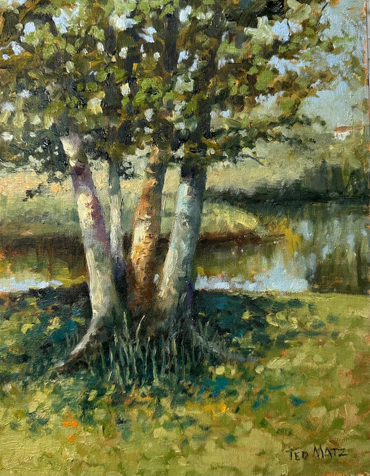 Painting of trees by a lake with a signature at the bottom right corner.