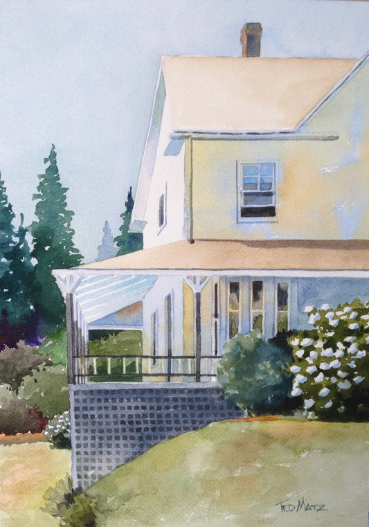 Painting of a house with a porch and surrounding greenery