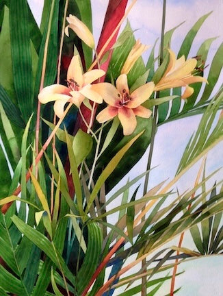 Close-up of a hibiscus plant with large yellow flowers and green tropical leaves in the background