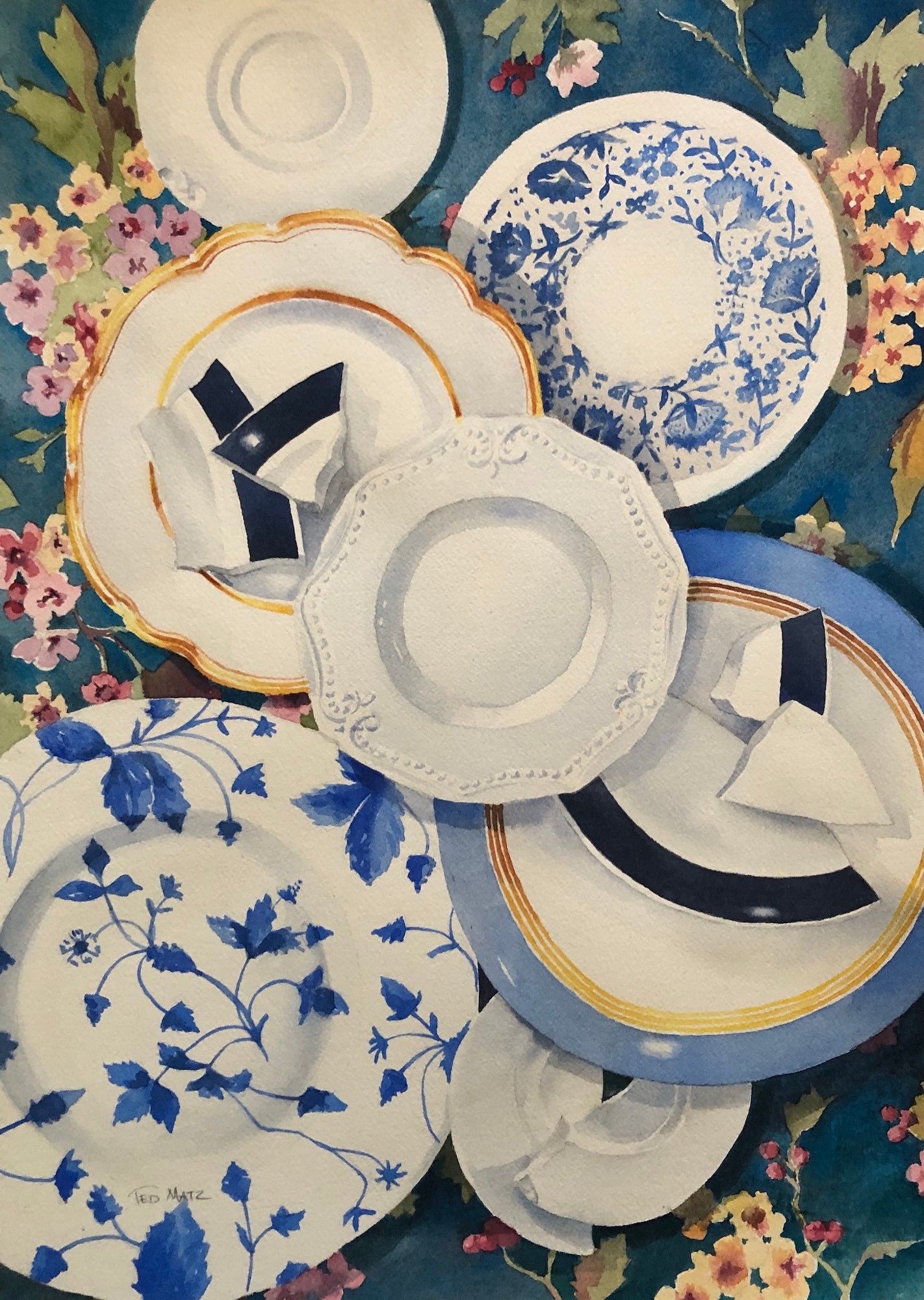 Collection of decorative plates with floral and geometric patterns on a floral background
