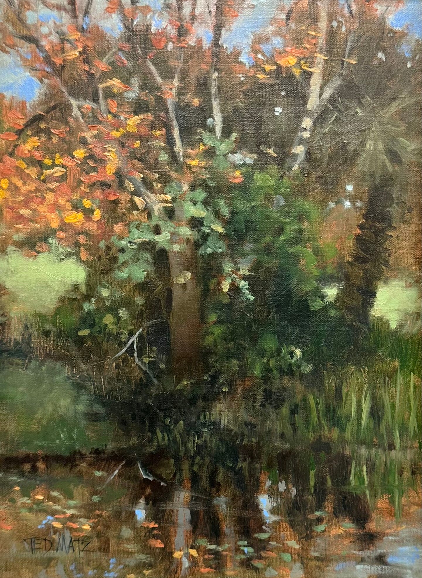 Painting of a forest scene with trees and reflections in water
