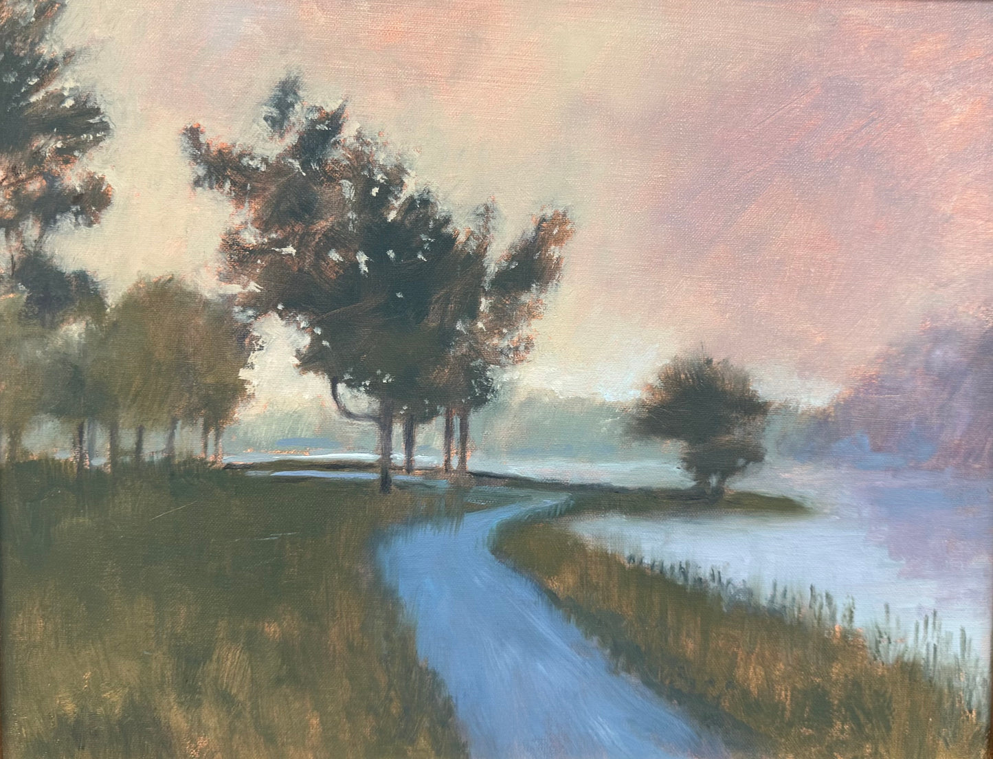 Painting of a rural landscape with a path, trees, and a pink sky.