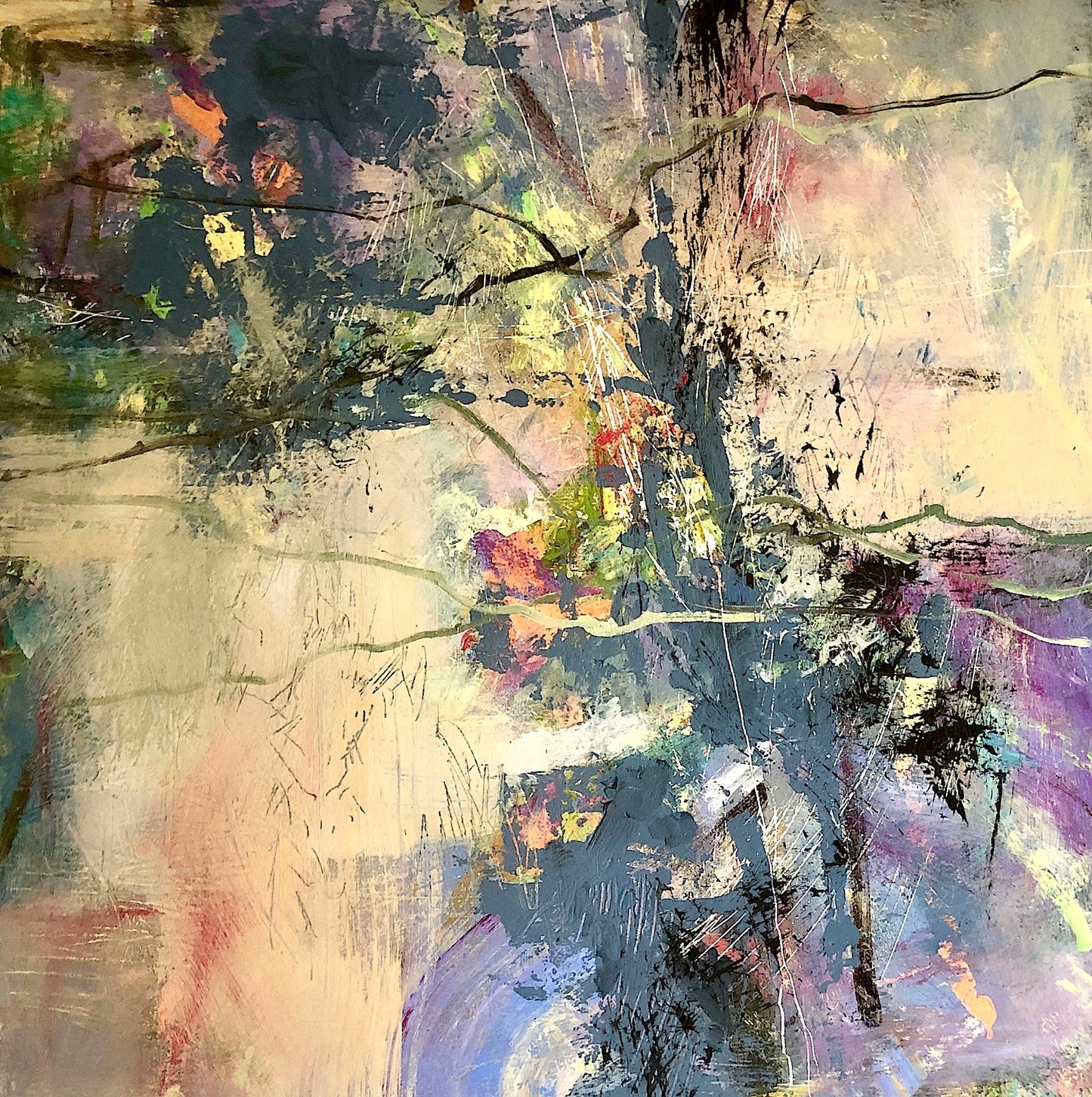 Abstract art with a mix of colors and textures on a textured surface