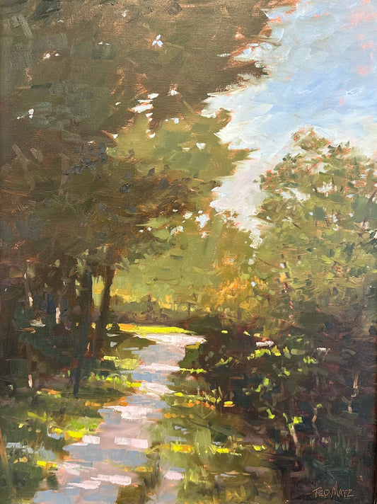 Painting of a sunlit path through trees