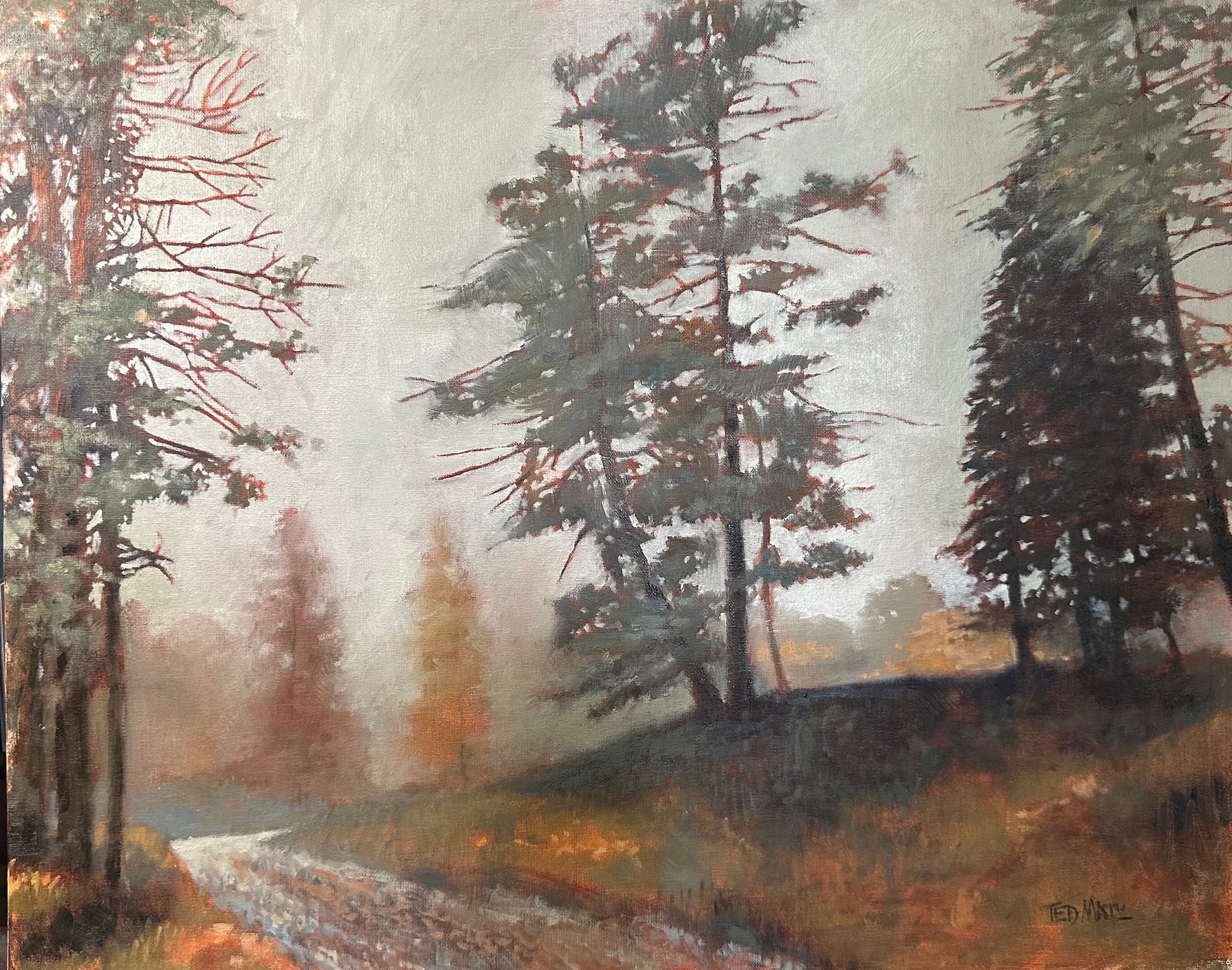 Painting of a forest scene with trees and a path