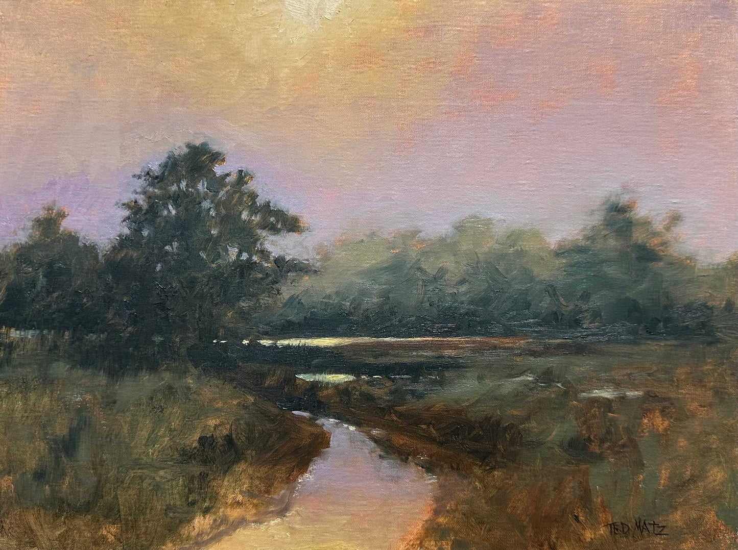 Painting of a landscape with a stream and trees at sunset.