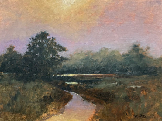 Painting of a landscape with a stream and trees at sunset.