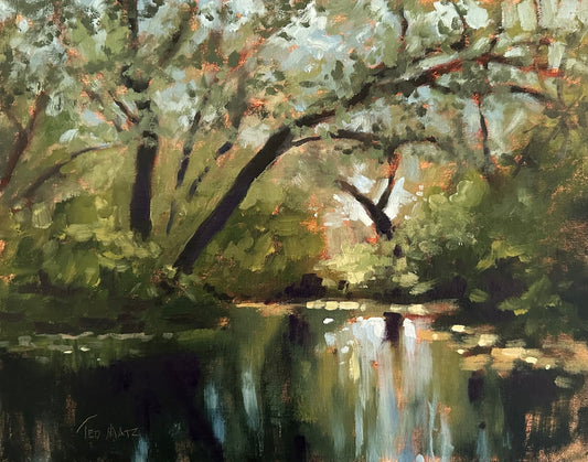 Painting of a serene landscape with trees and a reflective water surface.