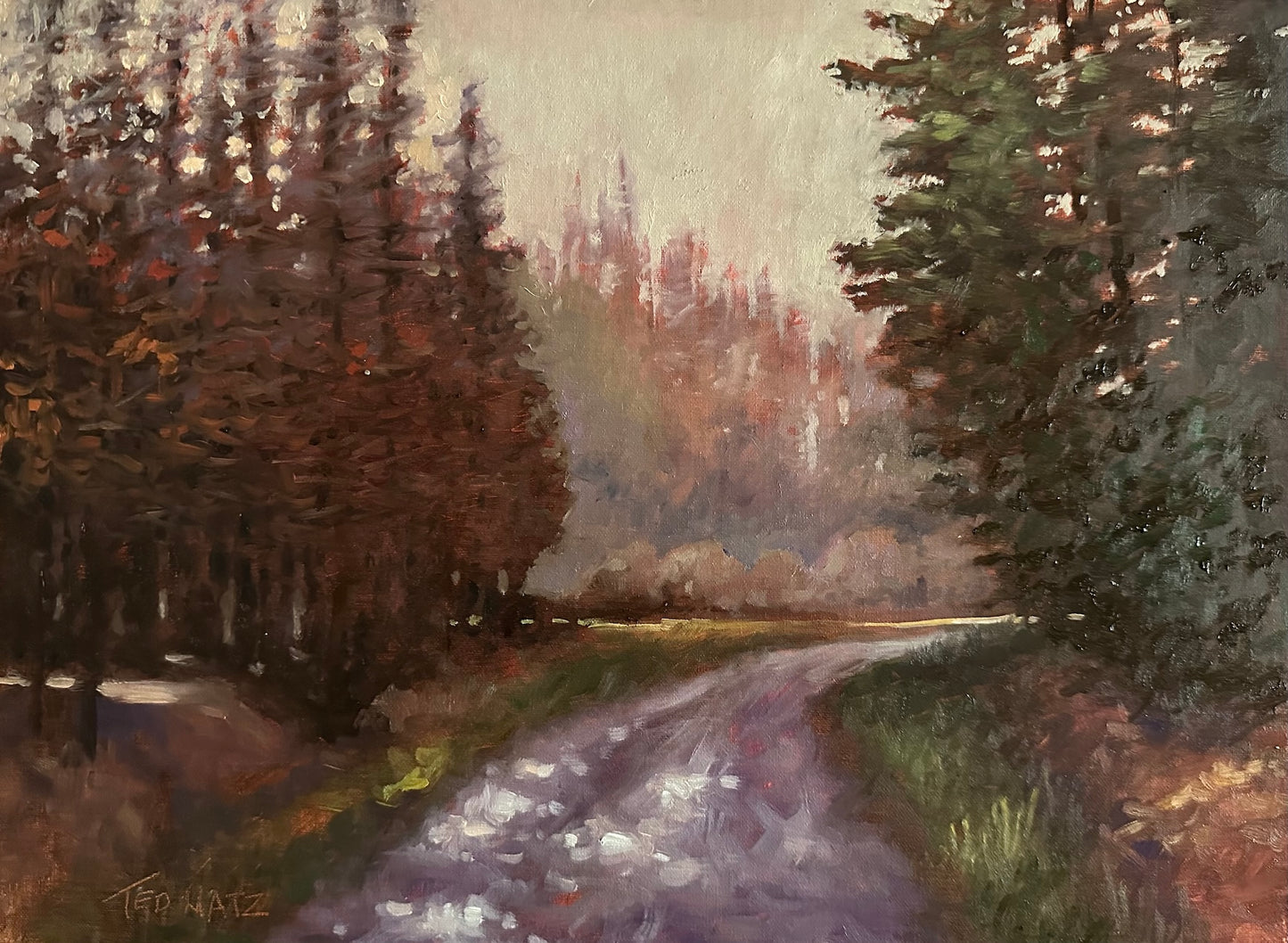 Painting of a forest path with trees on either side