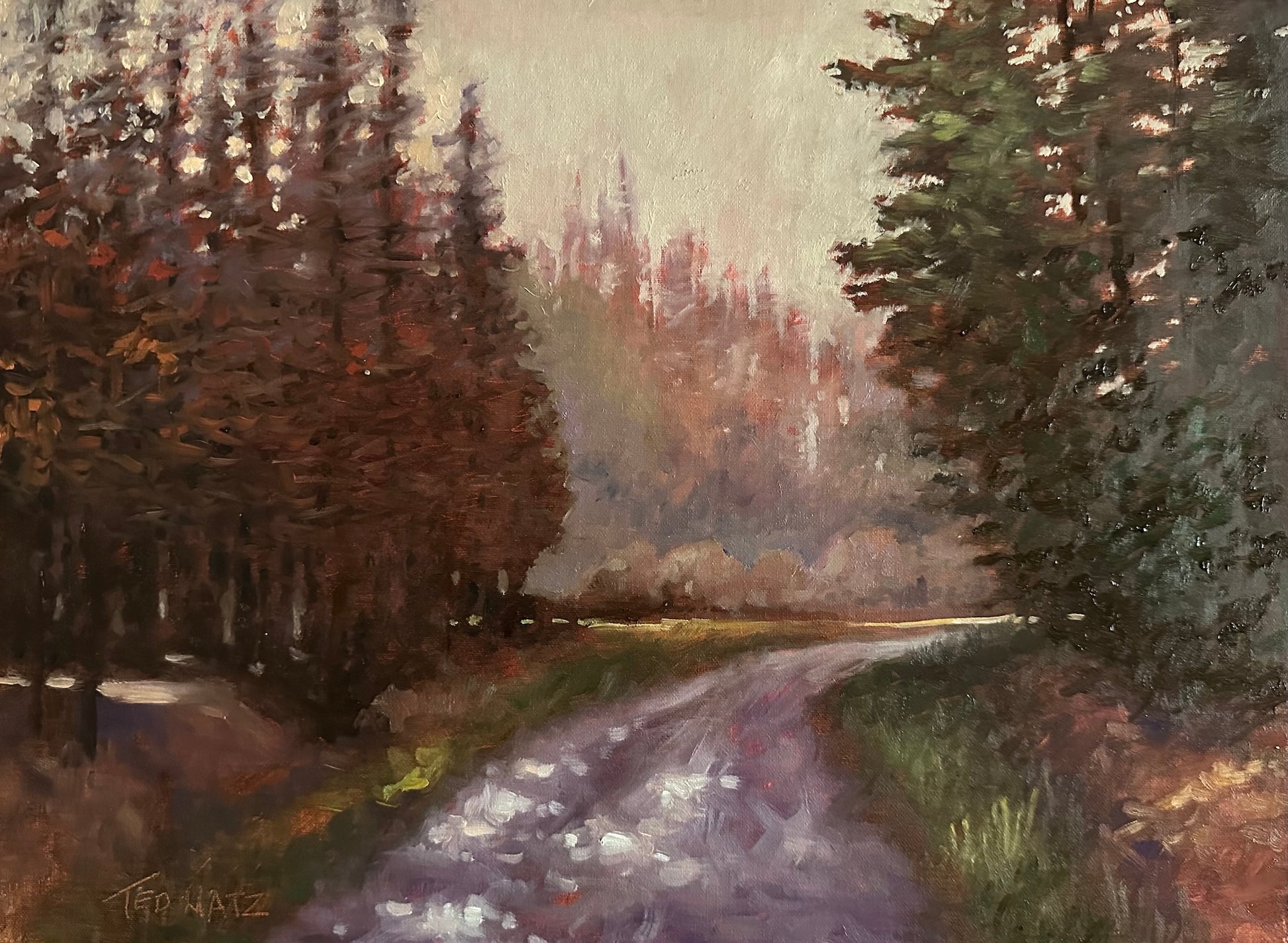Painting of a forest path with trees on either side