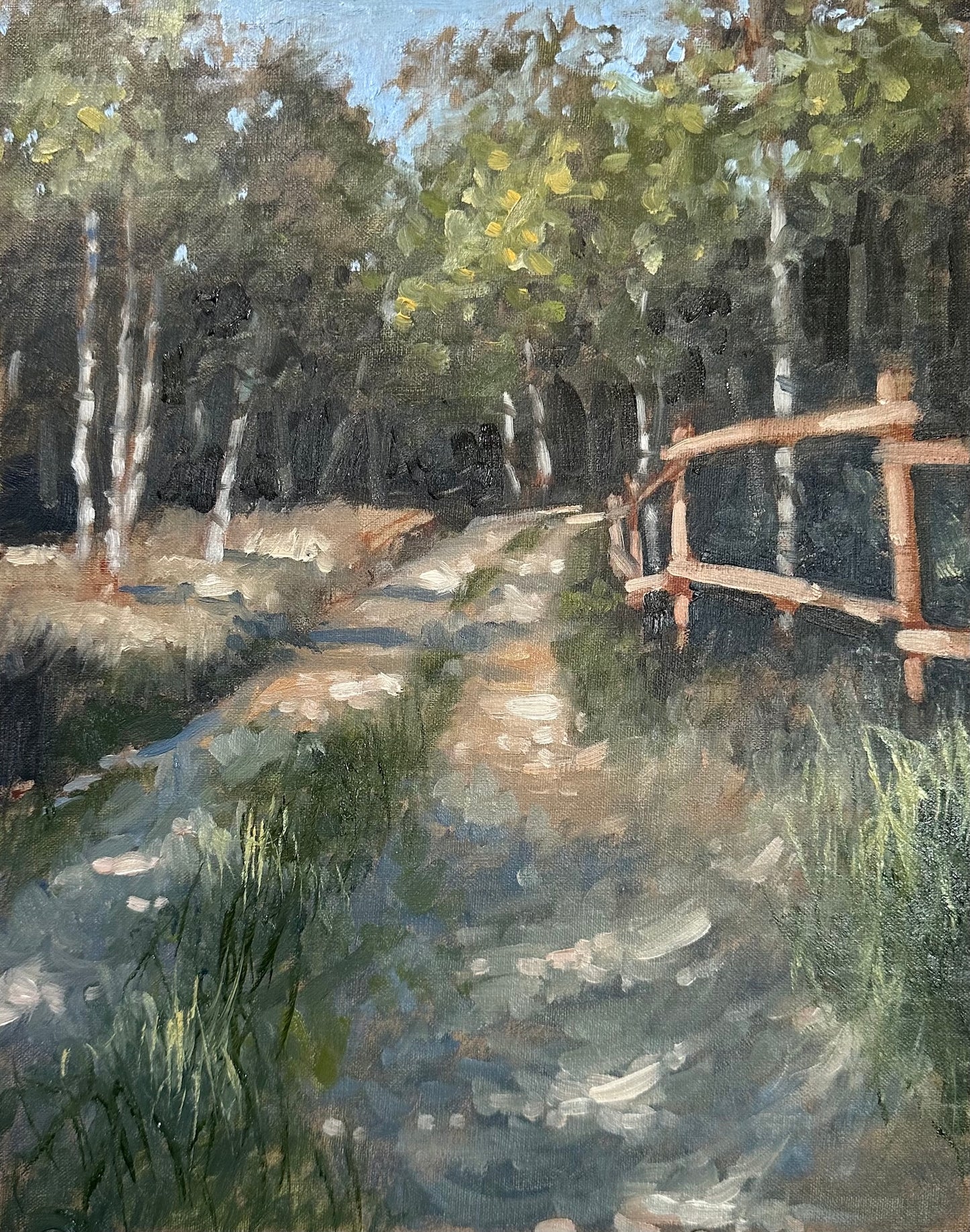 Painting of a forest path with a wooden fence and trees.