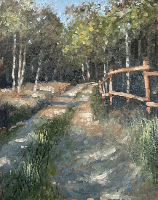 Painting of a forest path with a wooden fence and trees.