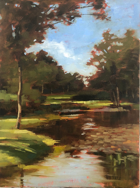 Painting of a serene landscape with trees, grass, and water.