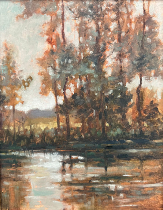 Painting of a forest scene with trees reflected in water