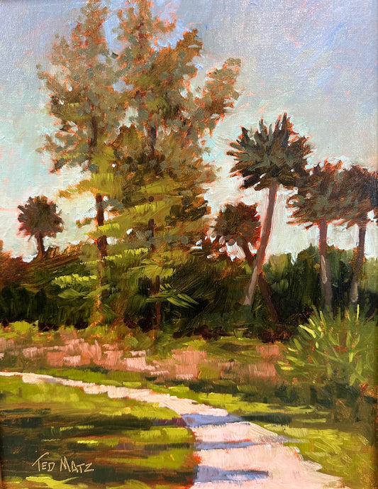Painting of a garden scene with trees and a path, signed 'Ted Matz'.
