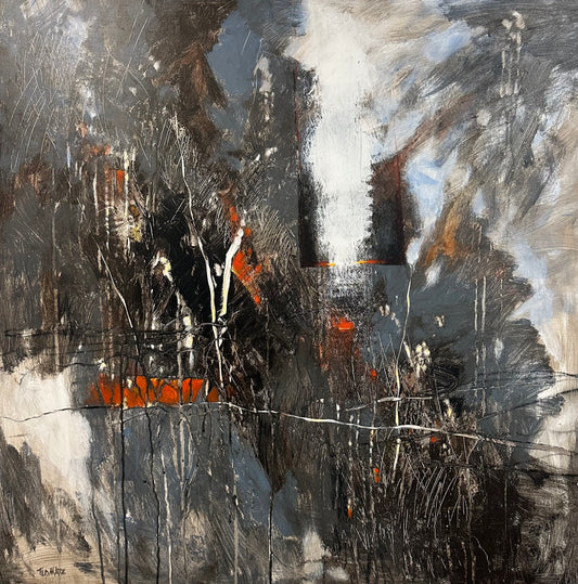 Abstract art with black, white, and orange brush strokes