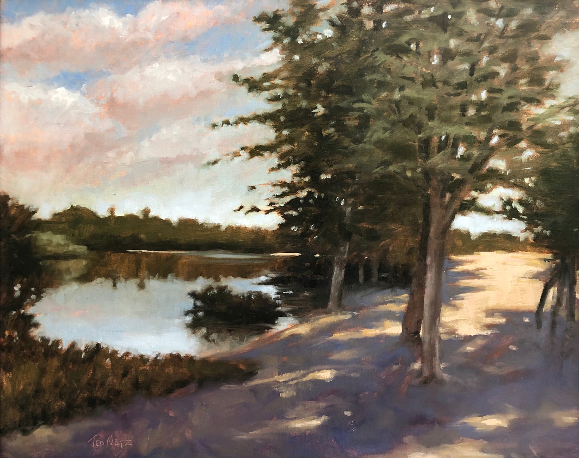 Painting of a serene landscape with trees by a lake under a partly cloudy sky.