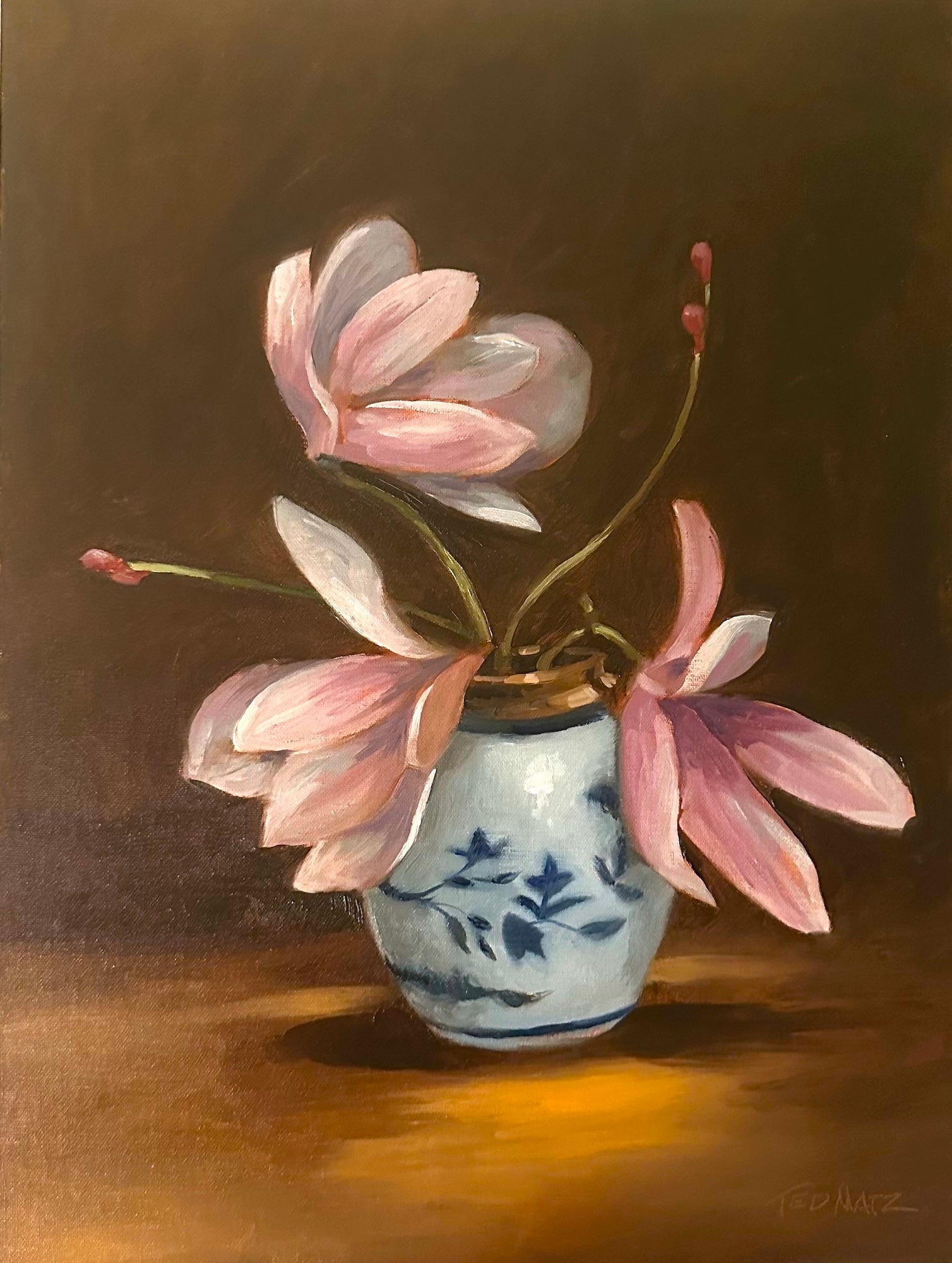 Painting of a vase with pink flowers on a dark background
