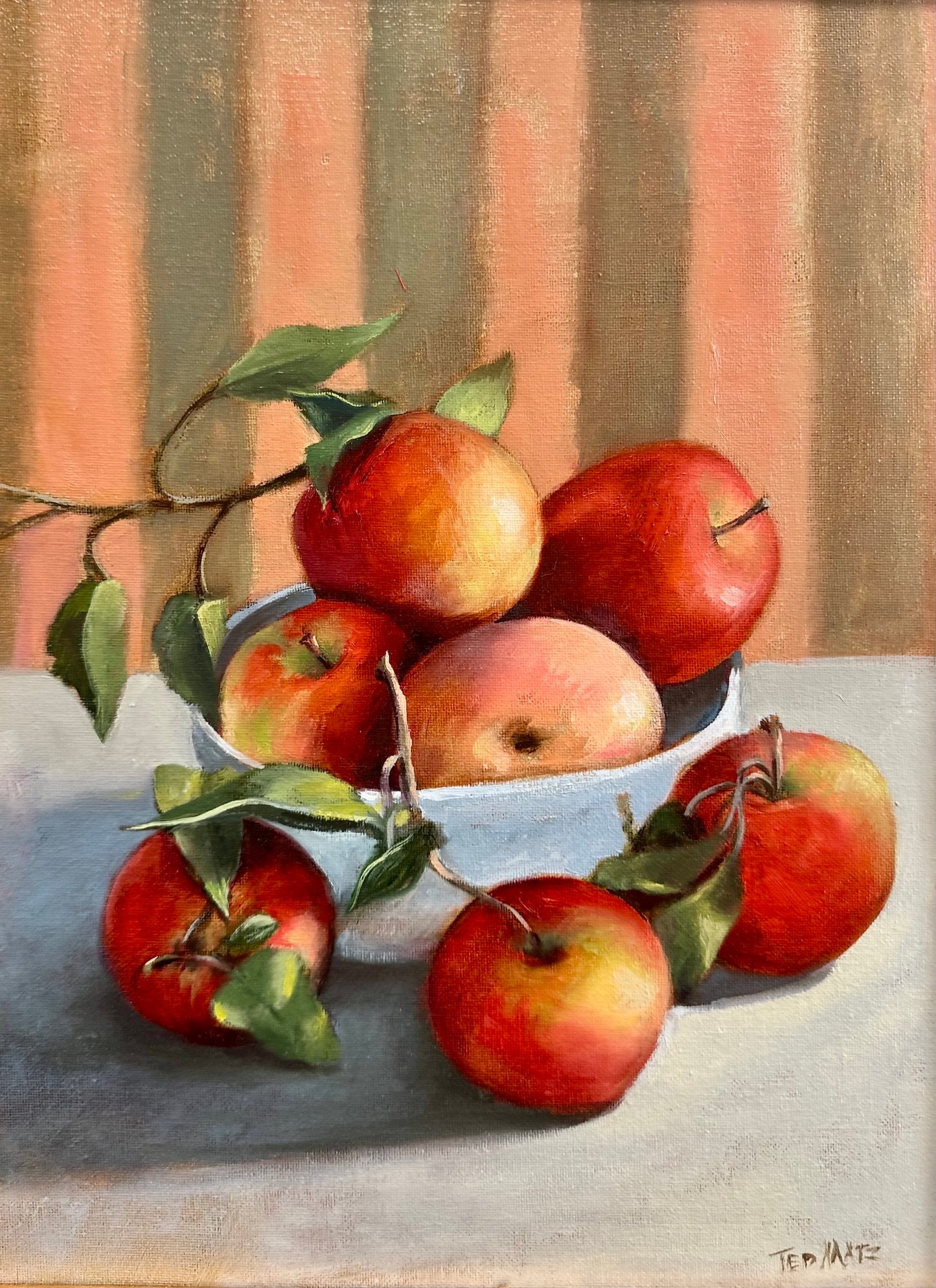 Still life painting of apples in a bowl with a striped background