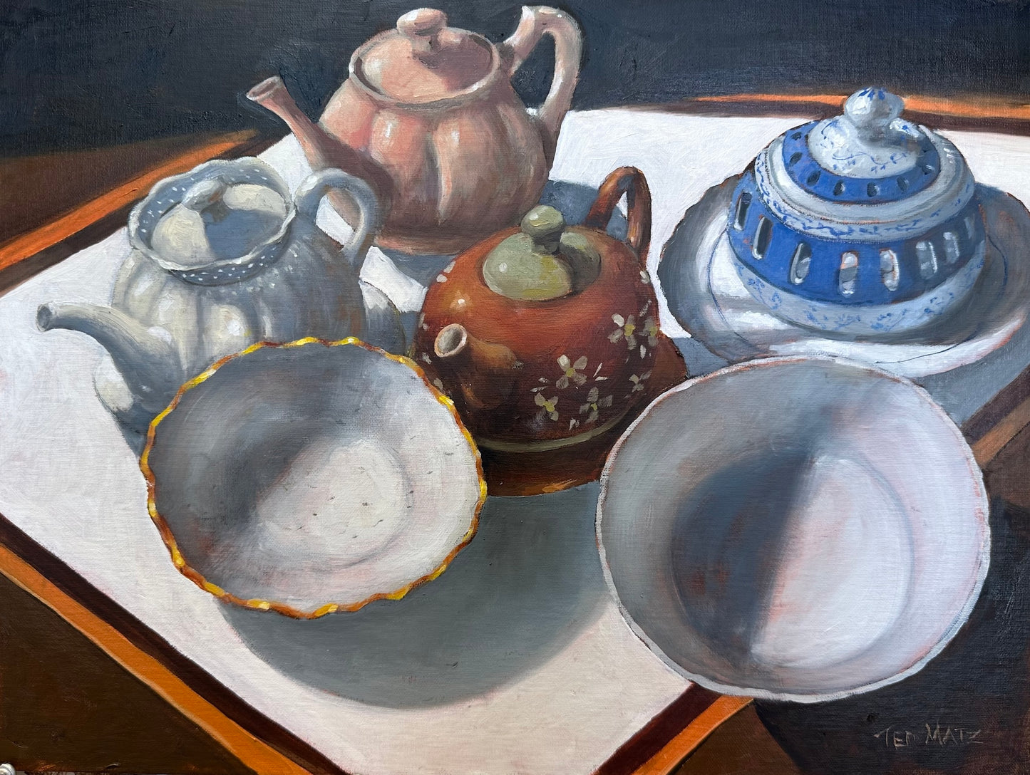 Still life painting of ceramic teapots and bowls on a table.