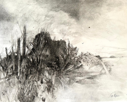 Abstract black and white artwork with textured elements
