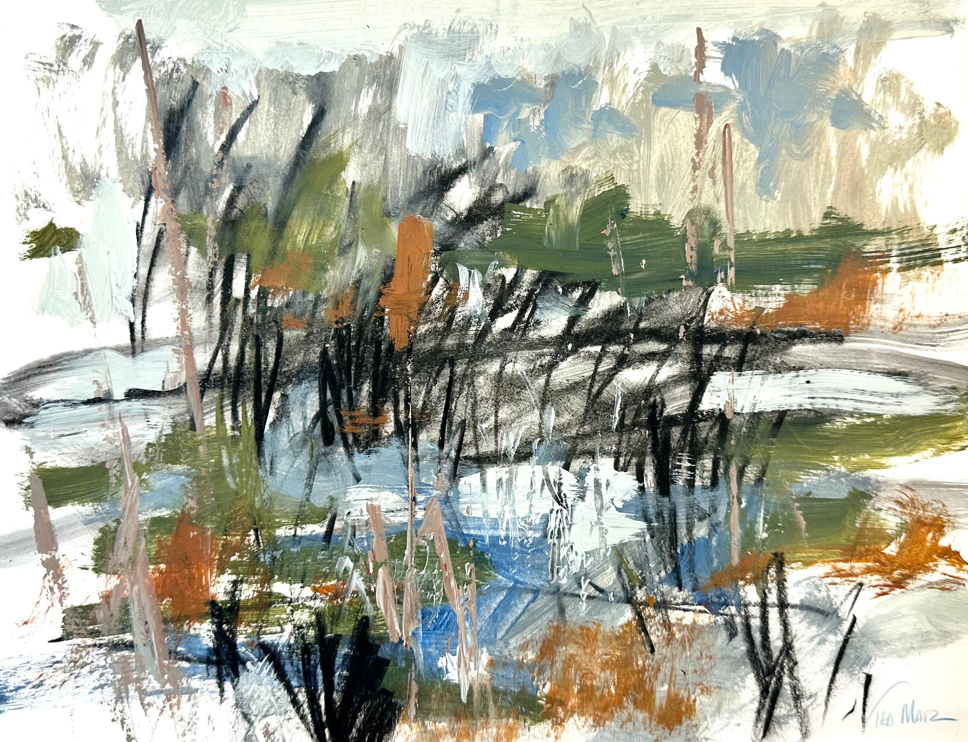 Abstract painting with orange, black, blue and cream colors on a white background