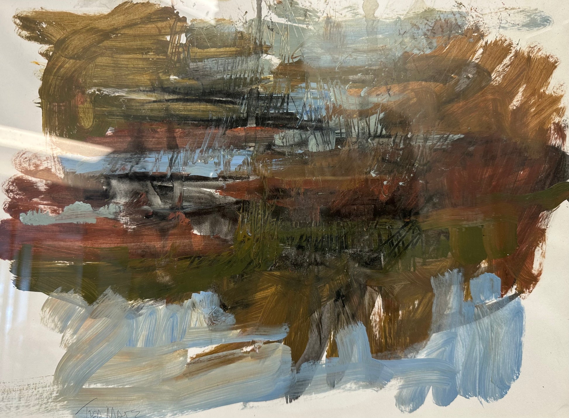 Abstract painting with brown, black, and white brush strokes on a light background
