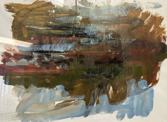 Abstract painting with brown, black, and white brush strokes on a light background