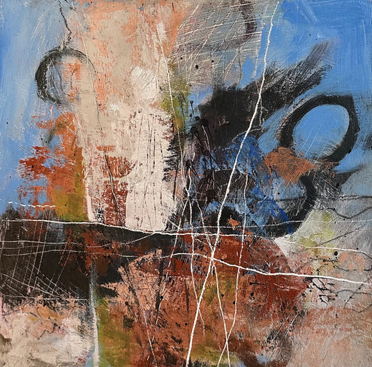 Abstract art piece with a mix of colors and textures on a textured surface.
