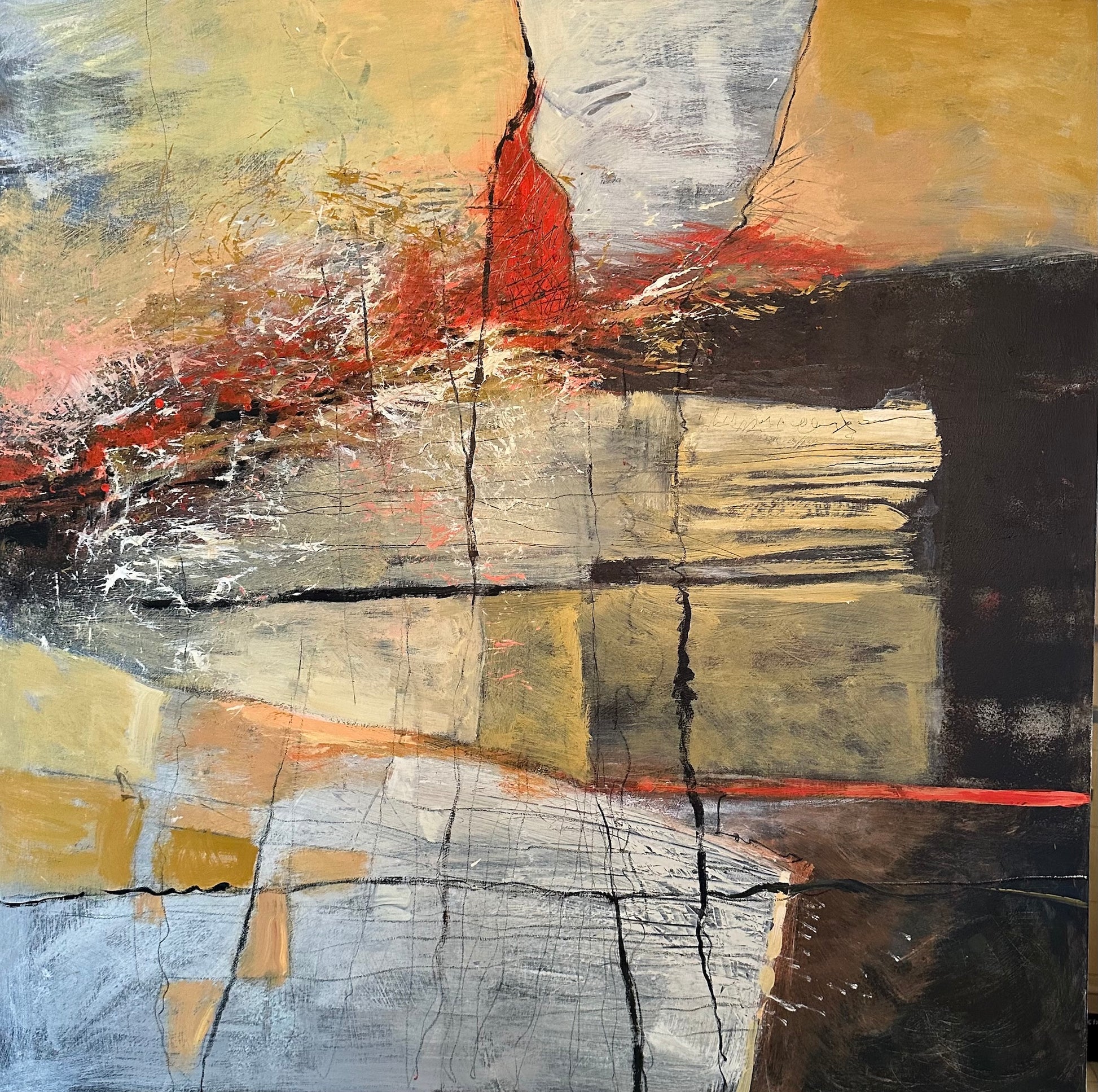 Abstract art with a mix of colors including red, yellow, black, and gray.