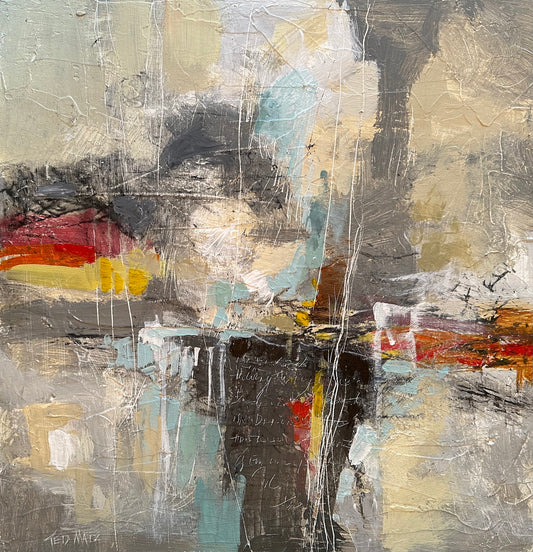 Abstract painting with grey, red, yellow, blue highlight colors and textures