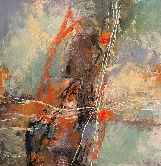 Abstract art with orange, brown, and gray colors on a textured background