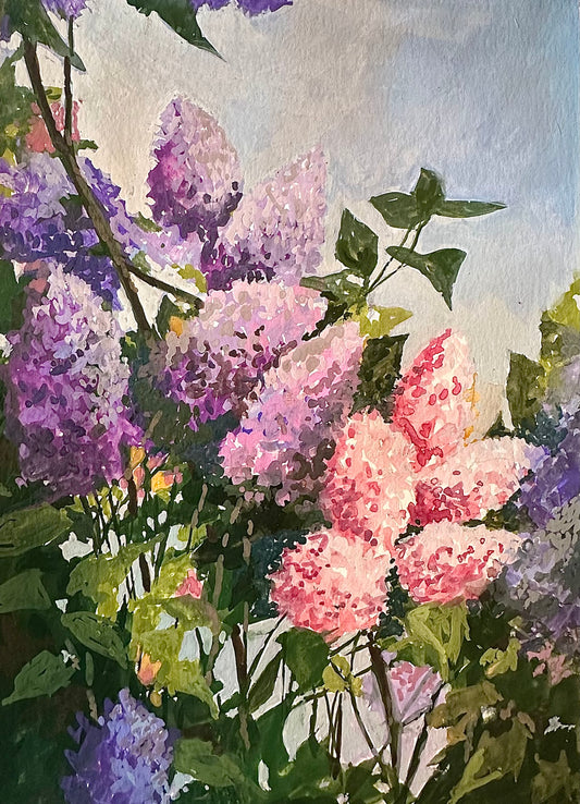 Colorful bouquet of flowers with pink, purple, and green hues on a textured background.