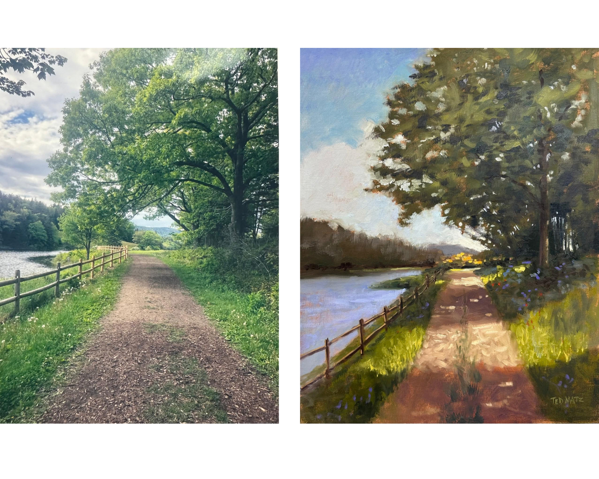 Collage of a photo and painting.  The collage depicts a tree lined trail next to a lake.  The image on the left is the photo and the image on the right is the artist representation.