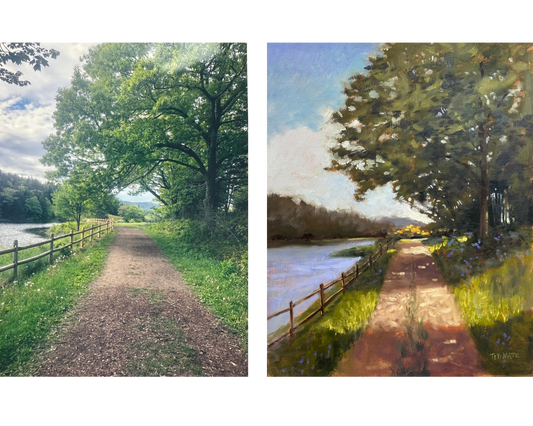 Collage of a photo and painting.  The collage depicts a tree lined trail next to a lake.  The image on the left is the photo and the image on the right is the artist representation.